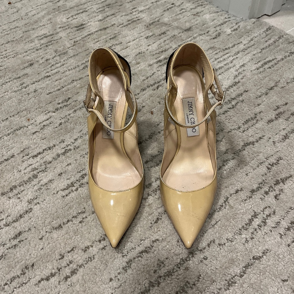 Jimmy Choo Patent & Snakeskin Ankle Strap Heels